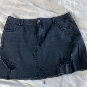 distressed black denim skirt